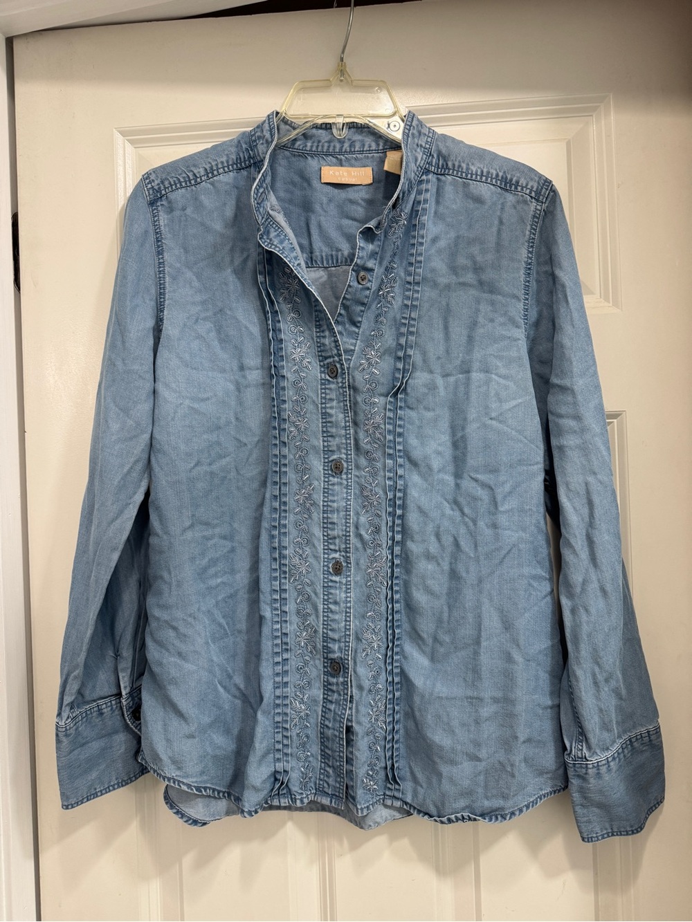 Kate Hill Tencel Denim Button Up with embroidered accents; western boho chic